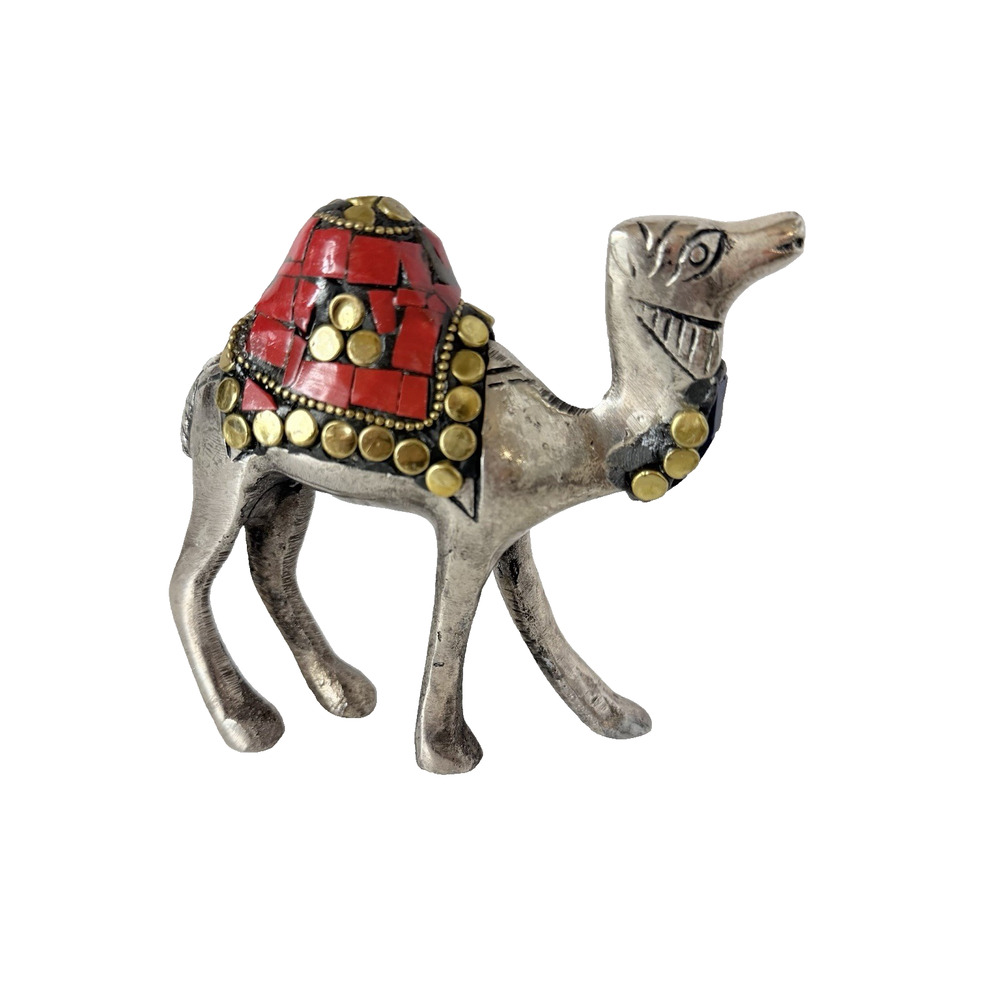 Antique Silver Finish Metal Camel Figurine Red Stone Work Home Decor Figure